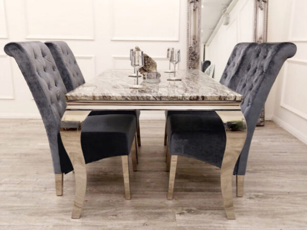 Louise Chrome 1.5m  Marble Table with Emma Shimmer Chairs
