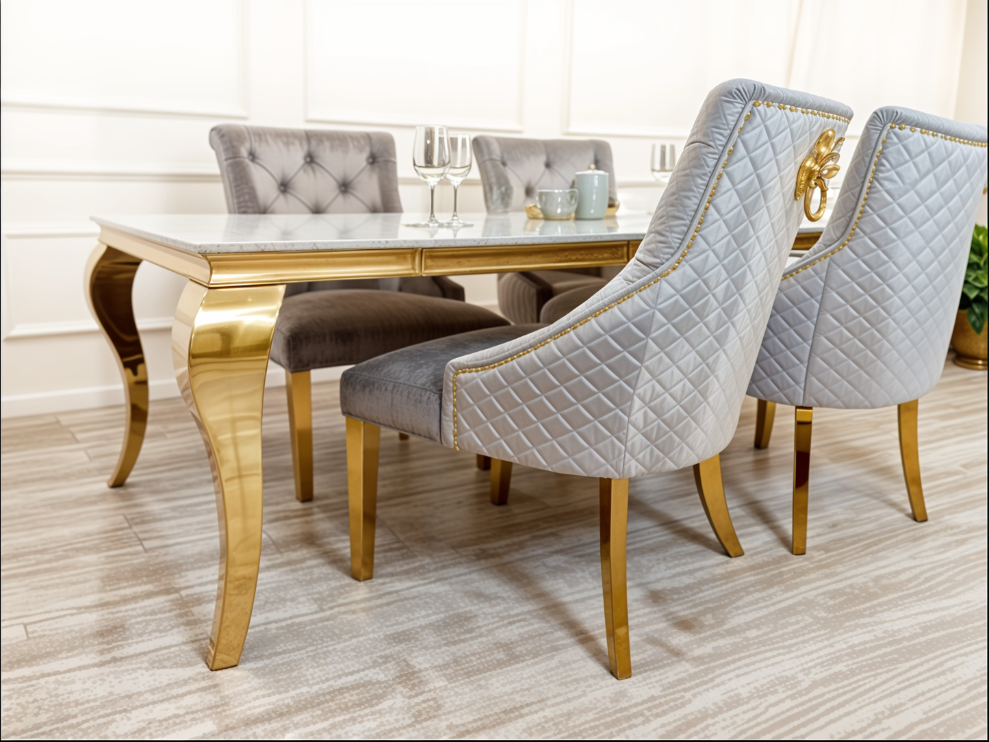 Louise Gold 1.5m White Glass Top Table with  Bentley Chairs